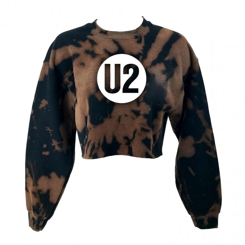 U2 80's 90's Rock Band Acid Wash Distressed Cropped Crop Top Crewneck Sweatshirt